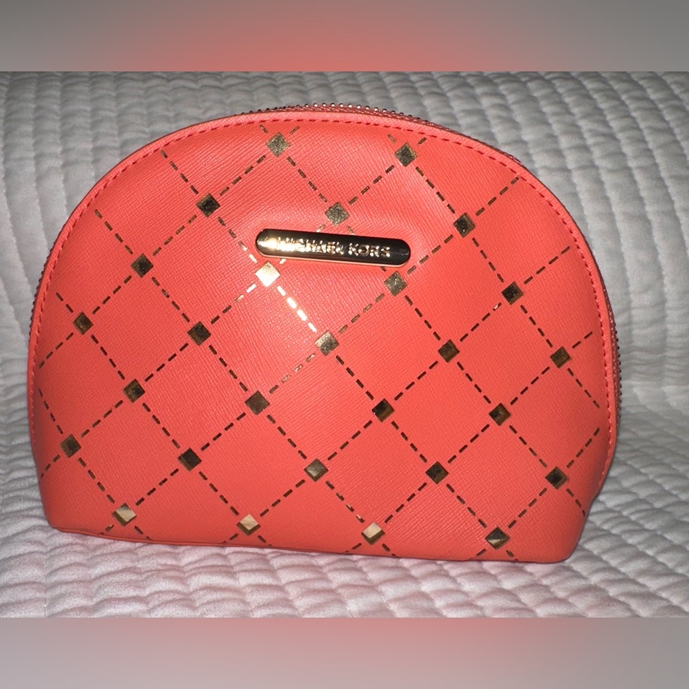 Michael Kors Coral and Gold Pouch, with gold accents.